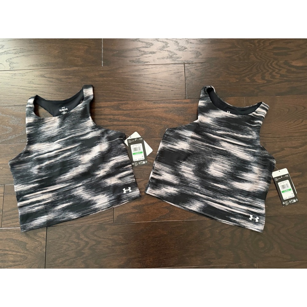 Under Armour Girls Motion Printed Crop Tanks Black White Racerback YL 1387374